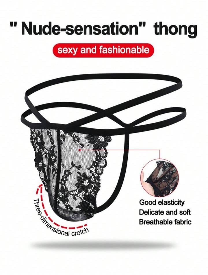 Fashionable Lace Trim Seamless Briefs For Men, Black, Waist Fit